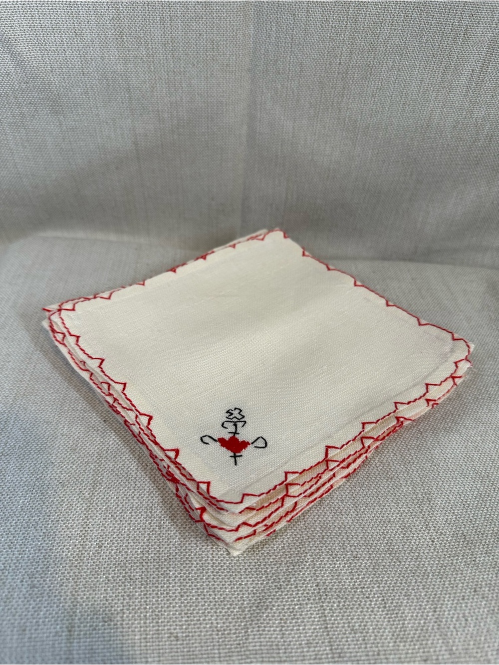 Hand-Embroidered Linen Cocktail Napkins. Red & Black Stitching VINTAGE Set of 10